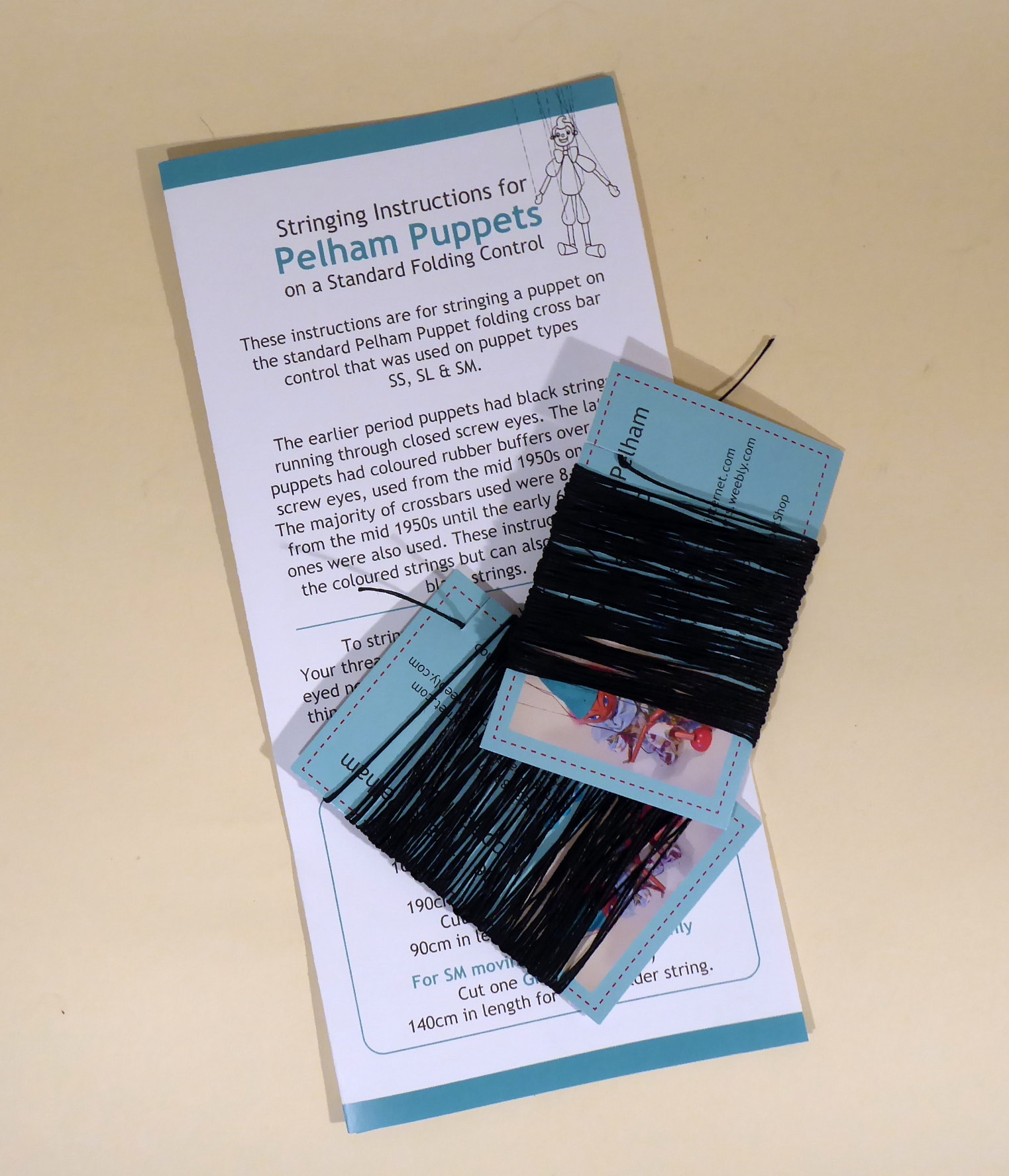 BLACK PUPPET STRINGS FOR 2 PUPPETS AND RESTRINGING INSTRUCTIONS PELHAM PUPPET 